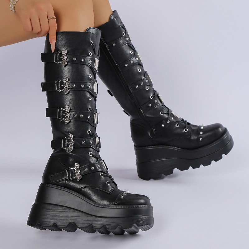 Botas pretas de cano alto, com - Knee High Boots Women avaliação e preço
